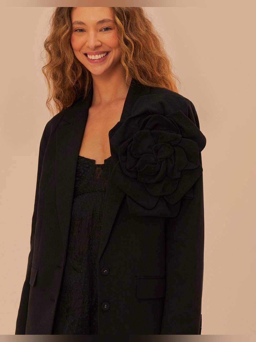FARM Rio Black Blazer with Floral Appliqué Size Large
